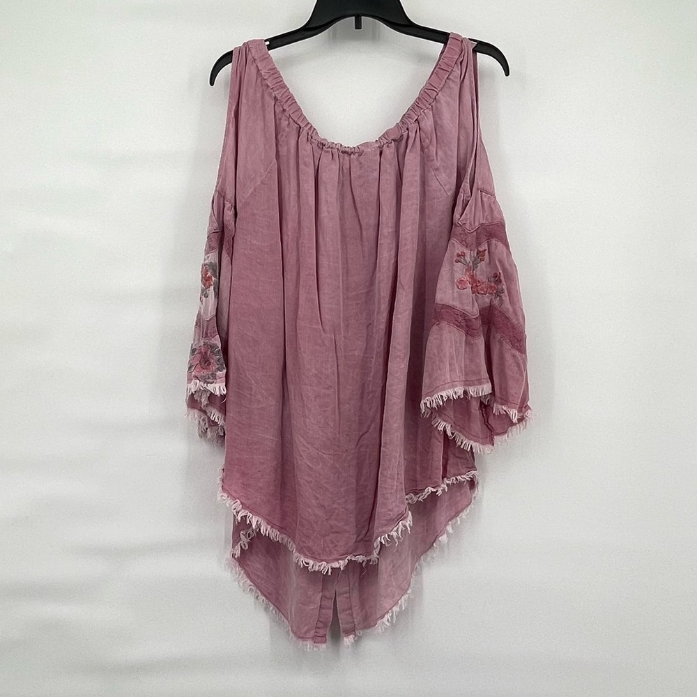 Standard grace boho embroidered raw hem cold shoulder bell sleeve tunic top